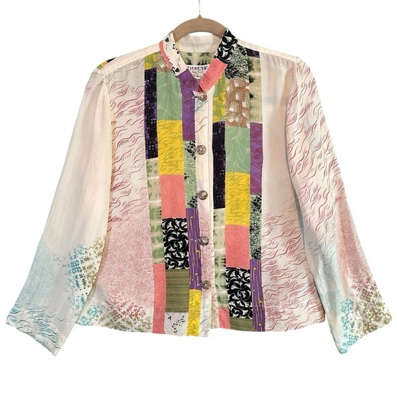 Citron Santa Monica 100% Silk Patchwork‎ Blouse Top Size Medium Boho Art to Wear - Picture 1 of 16
